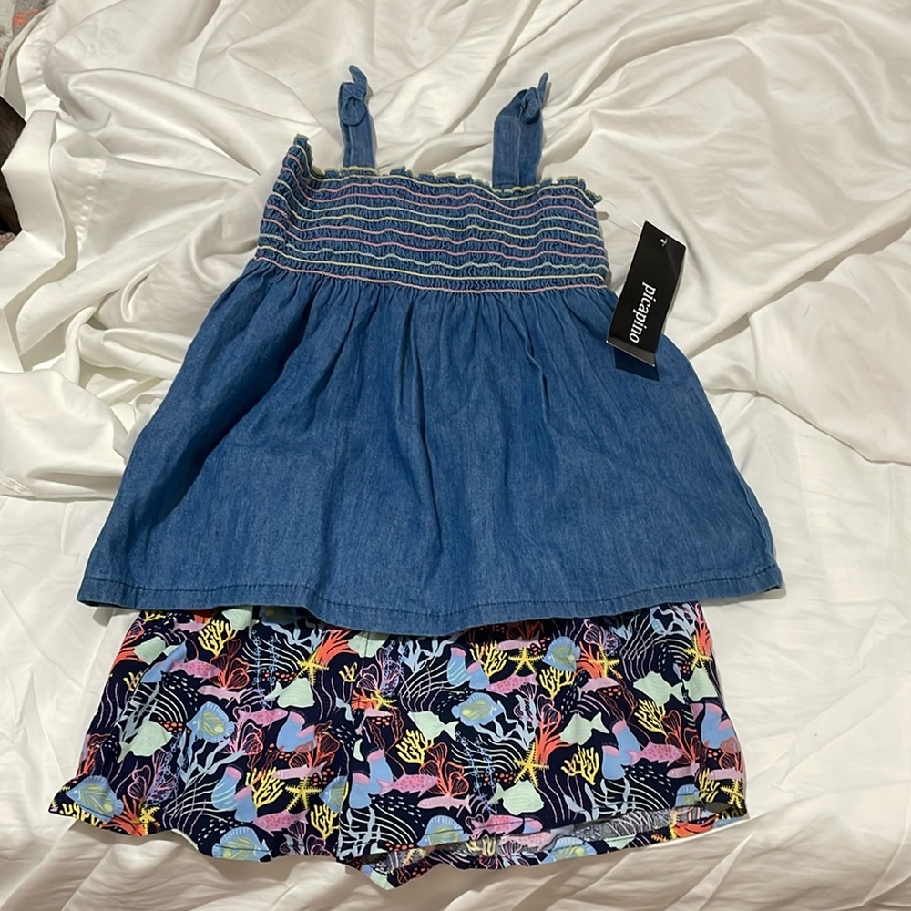 Picapino 8 chambrey denim look tank with elastic waist fish shorts nwt